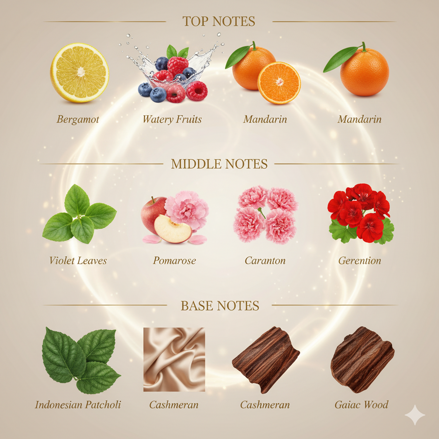Diagram of top, middle, and base notes with corresponding fruits, flowers, and leaves on a beige background.