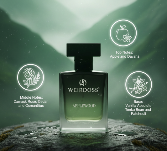 Perfume bottle labeled 'Applewood' by Weirdoss with mountain and nature-themed design elements.