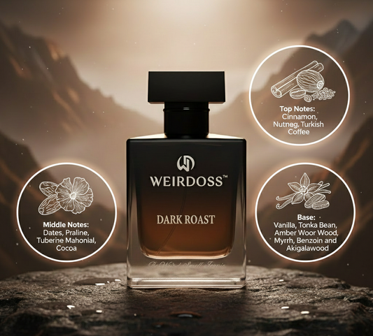 Perfume bottle labeled 'WEIRDOSS Dark Roast' with flavor notes on a dark background