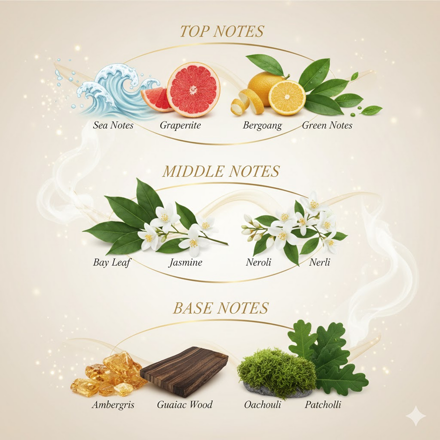 Diagram of top, middle, and base notes with corresponding botanical illustrations on a beige background.