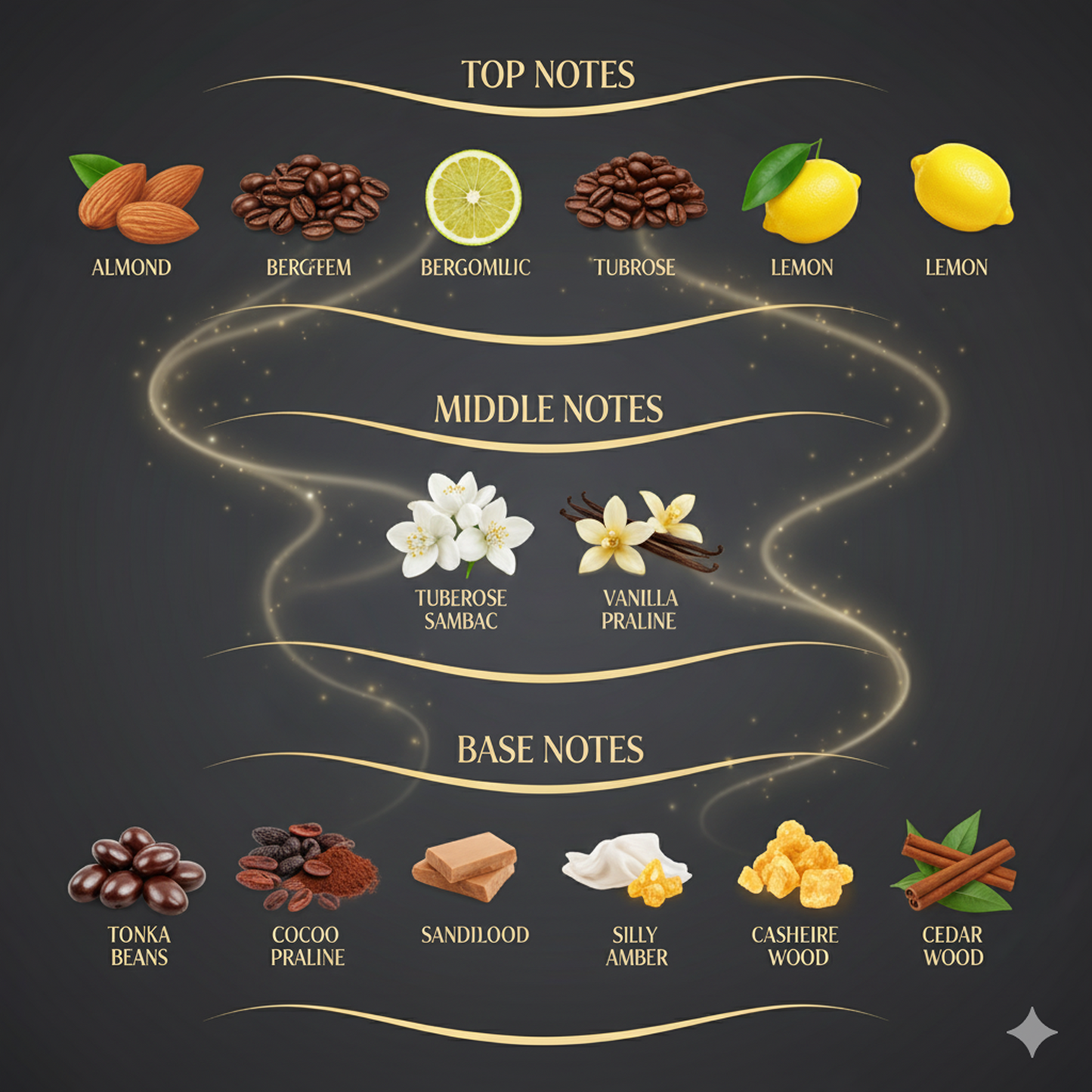 Diagram of top, middle, and base notes in fragrance with corresponding botanical illustrations on a dark background.