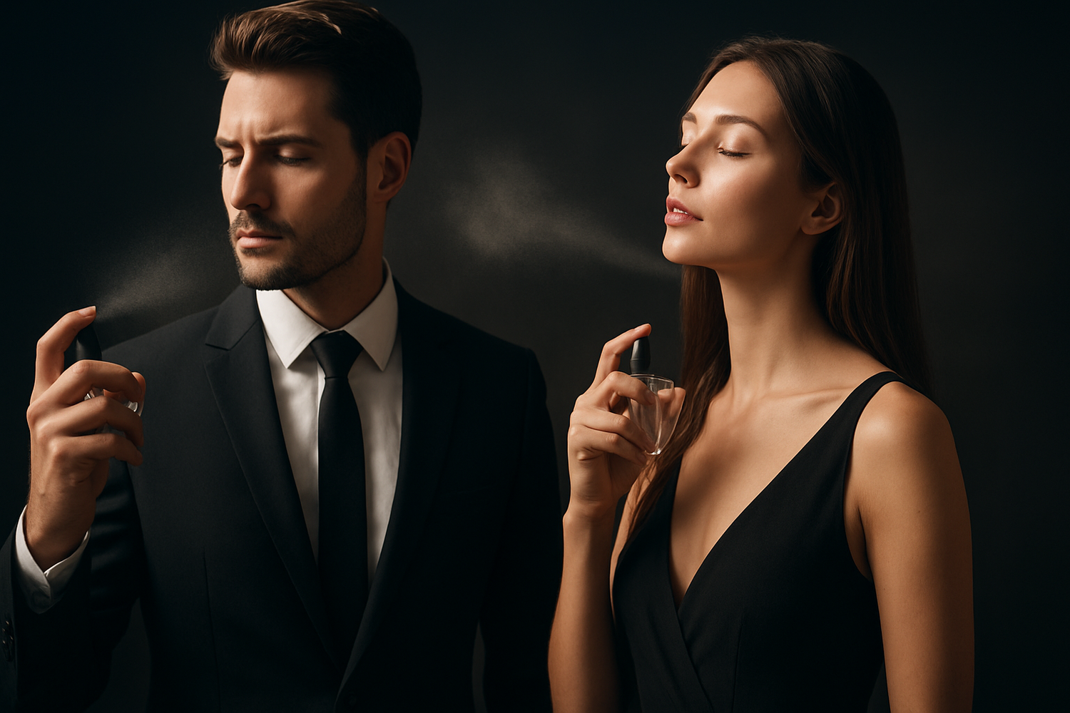 Men and women spraying perfume.