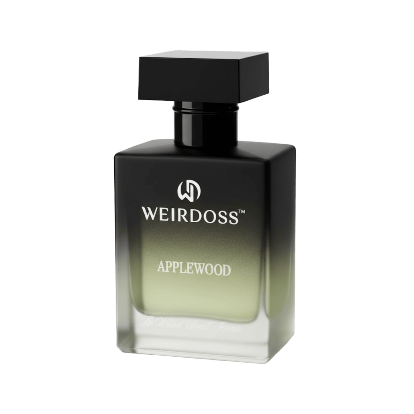 Black and green perfume bottle labeled 'Weirdoss Applewood' on a white background