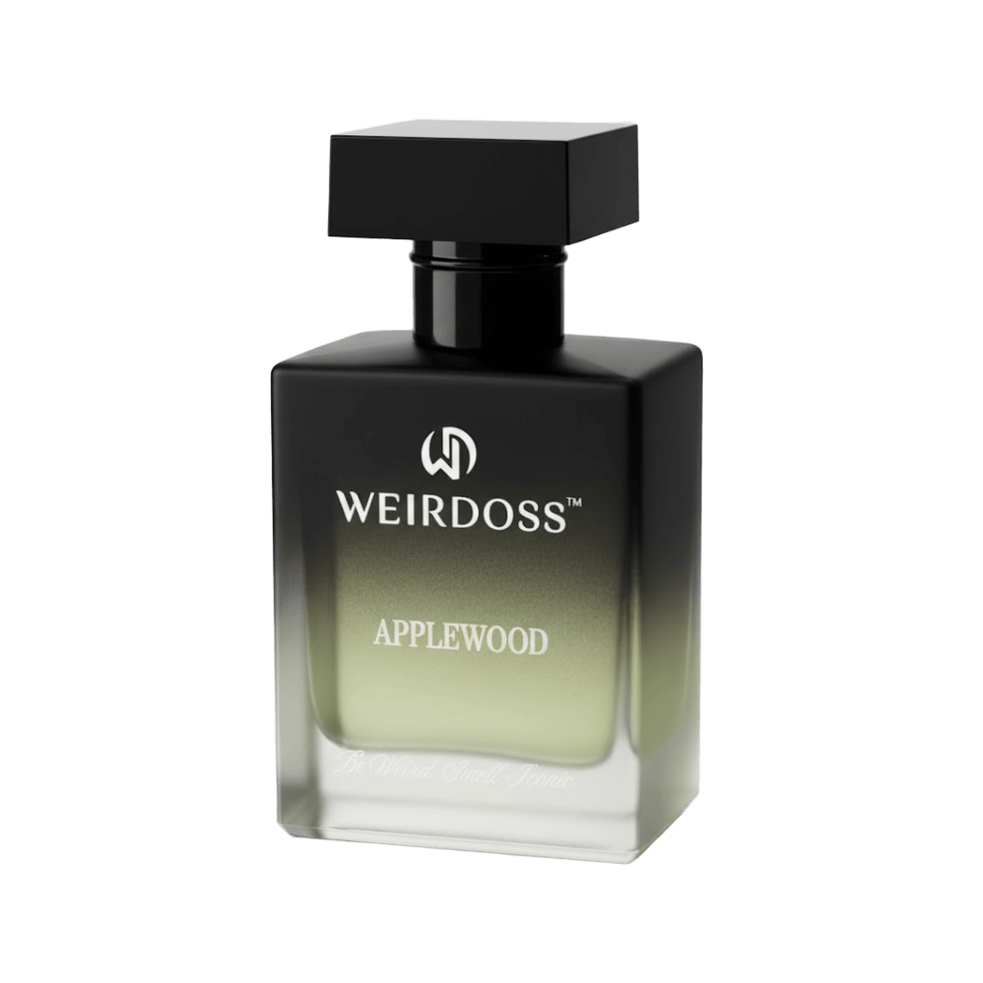 Black and green perfume bottle labeled 'Weirdoss Applewood' on a white background