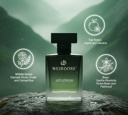 Perfume bottle labeled 'Applewood' by Weirdoss with mountain and nature-themed design elements.