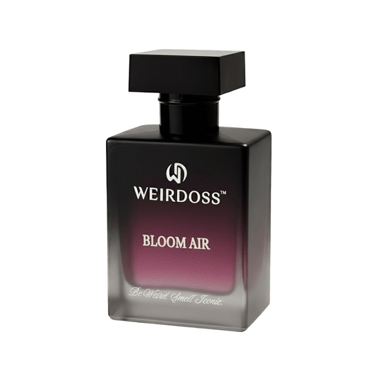 Black perfume bottle labeled 'Weirdoss Bloom Air' on a white background