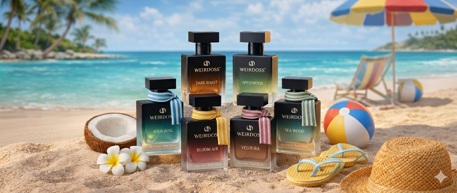 Weirdoss perfume bottles on a beach with ocean and umbrella in the background