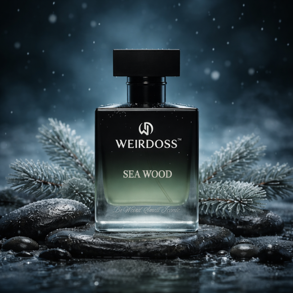 Perfume bottle labeled 'Weirdoss Sea Wood' on a dark, snowy background with evergreen branches.