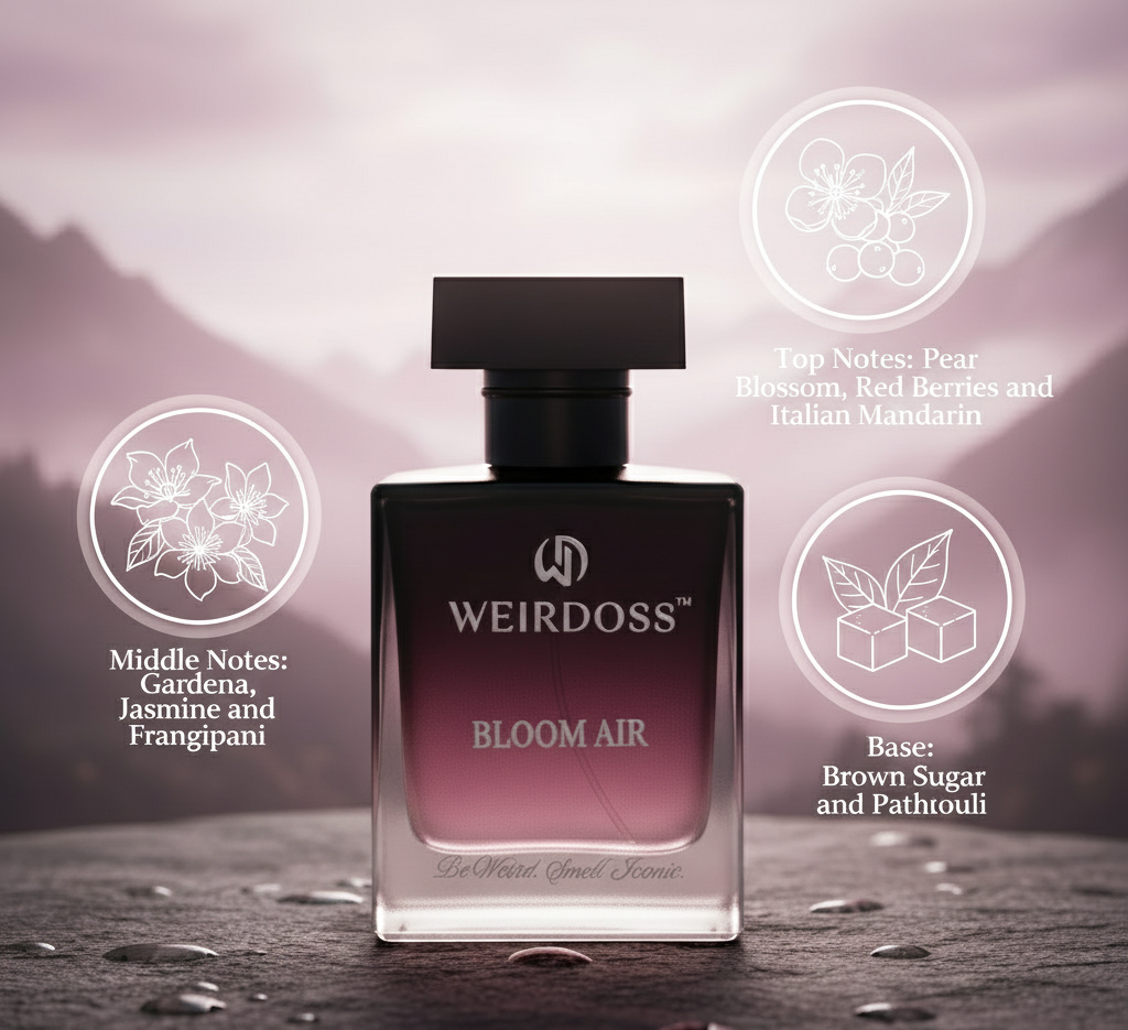 Perfume bottle labeled 'Weirdoss Bloom Air' with flavor notes on a blurred landscape background