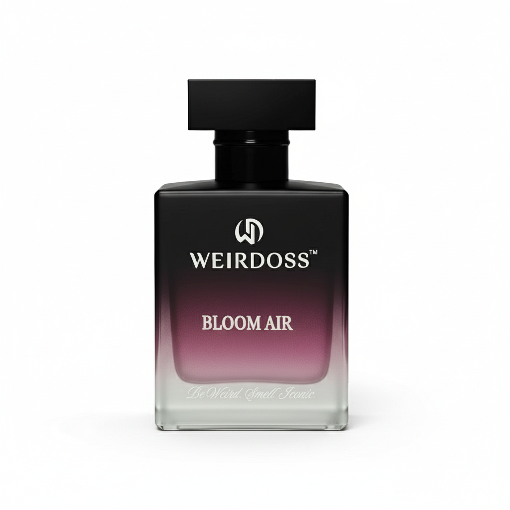 Black perfume bottle with 'Weirdoss Bloom Air' label on a white background