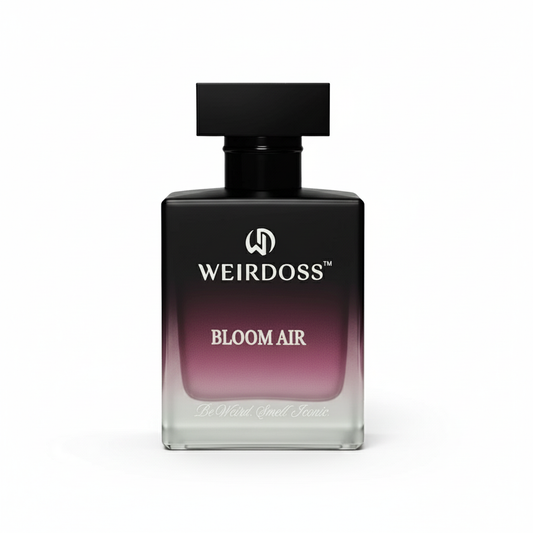 Black perfume bottle with 'Weirdoss Bloom Air' label on a white background