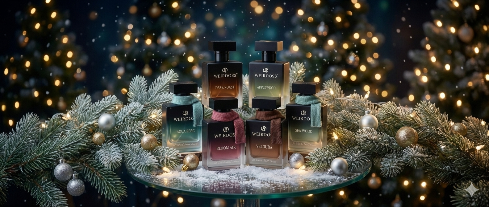 Collection of perfume bottles on a decorative stand with festive lights and decorations.