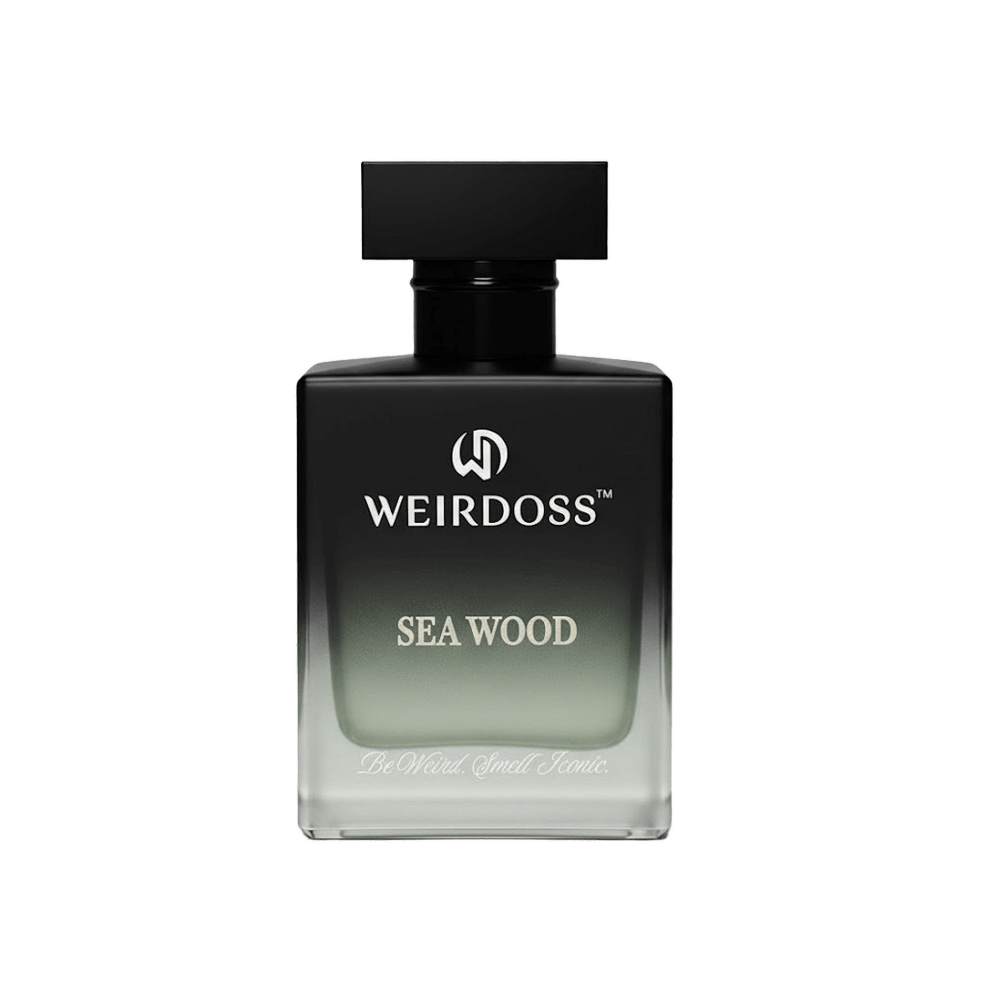 Perfume bottle labeled 'Weirdoss Sea Wood' on a white background