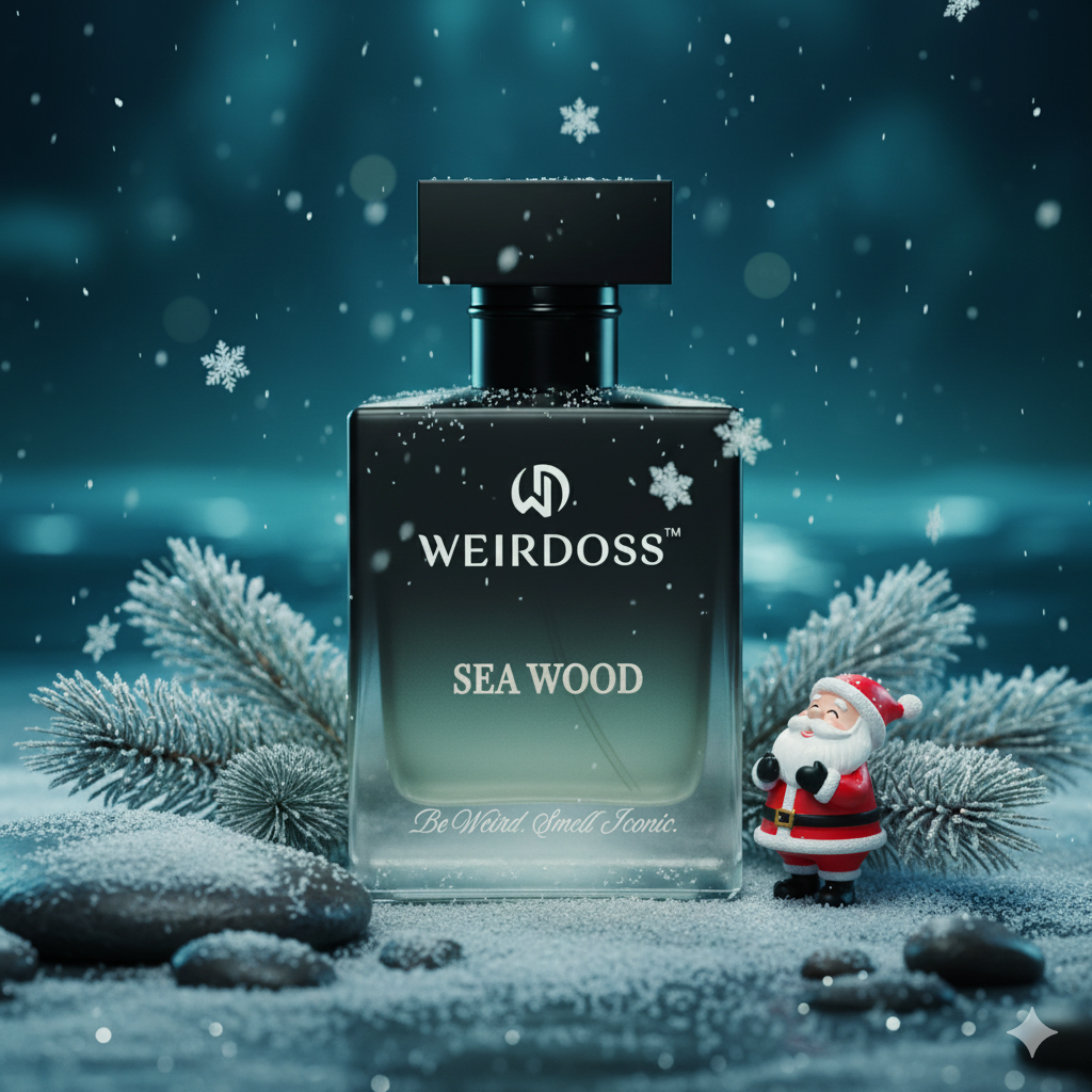 Perfume bottle labeled 'WEIRDOSS Sea Wood' with a Santa Claus figure in a snowy scene.