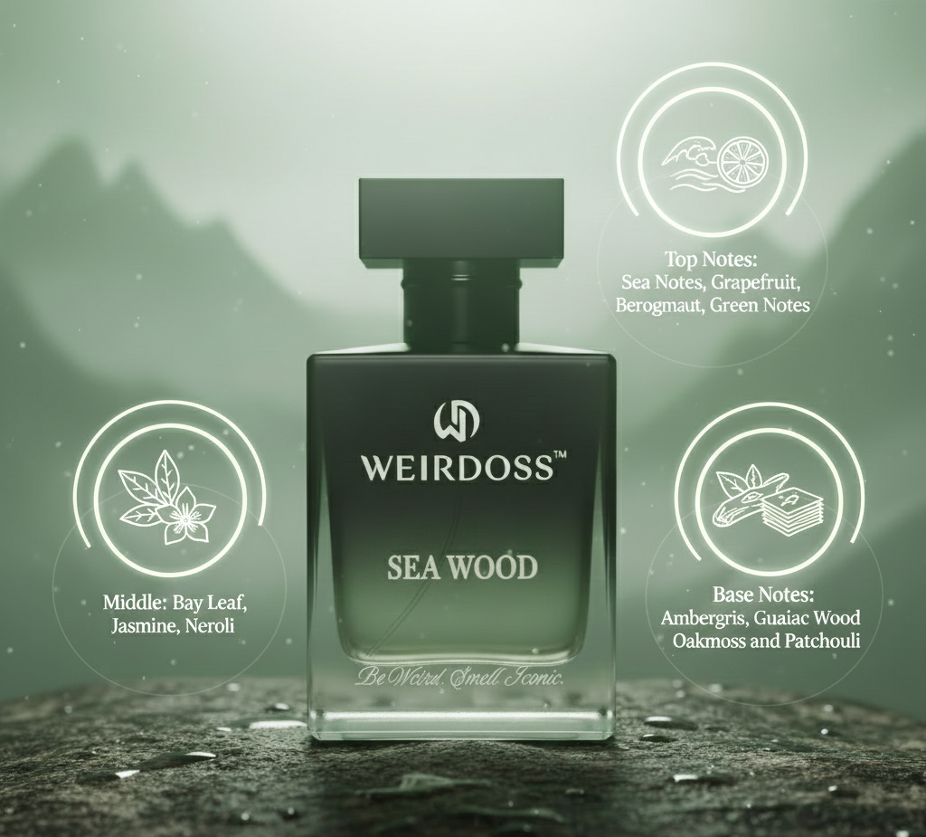 Perfume bottle labeled 'Weirdoss Sea Wood' with notes displayed on a green background