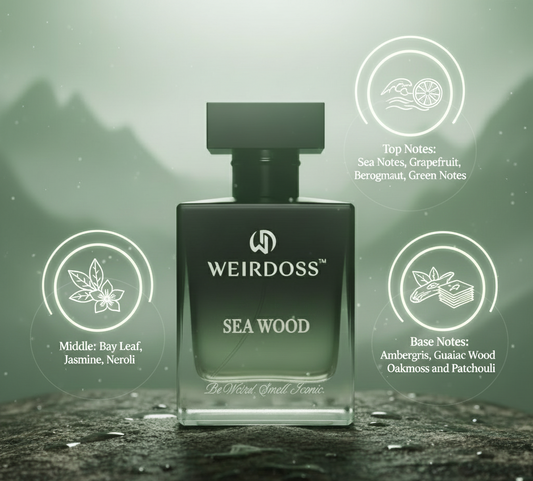 Perfume bottle labeled 'Weirdoss Sea Wood' with notes displayed on a green background