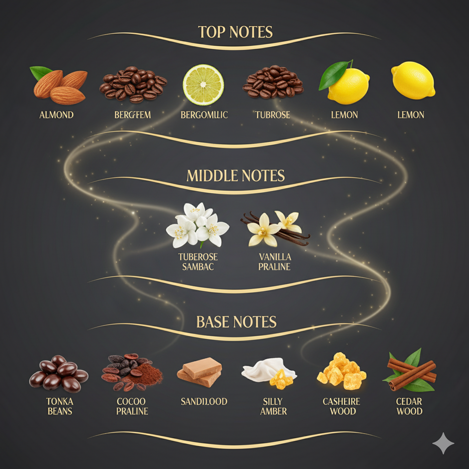 Diagram of top, middle, and base notes in fragrance with corresponding botanical illustrations on a dark background.
