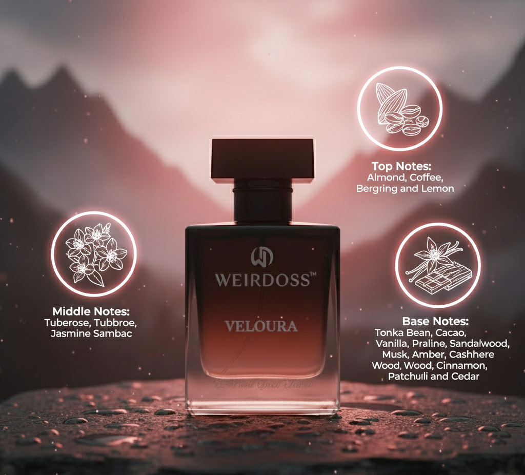 Perfume bottle labeled 'WEIRDOSS' with notes on a dark background