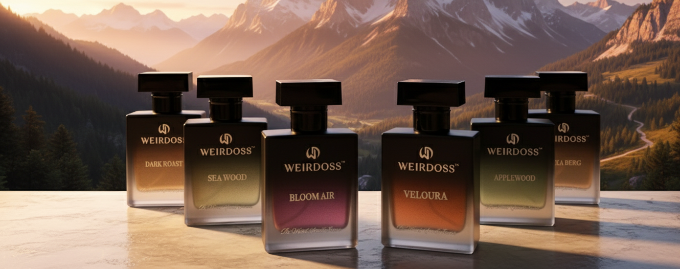 Row of Weirdoss perfume bottles with a mountainous landscape in the background