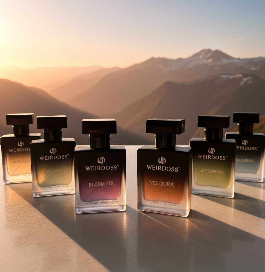 Collection of Weirdoss perfume bottles with a mountainous landscape in the background