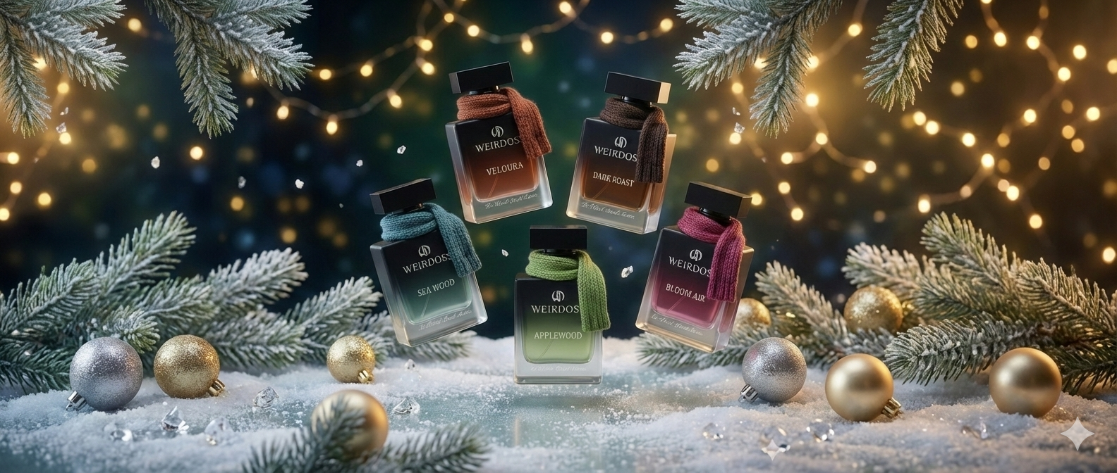 Collection of perfume bottles on a snowy surface with Christmas decorations